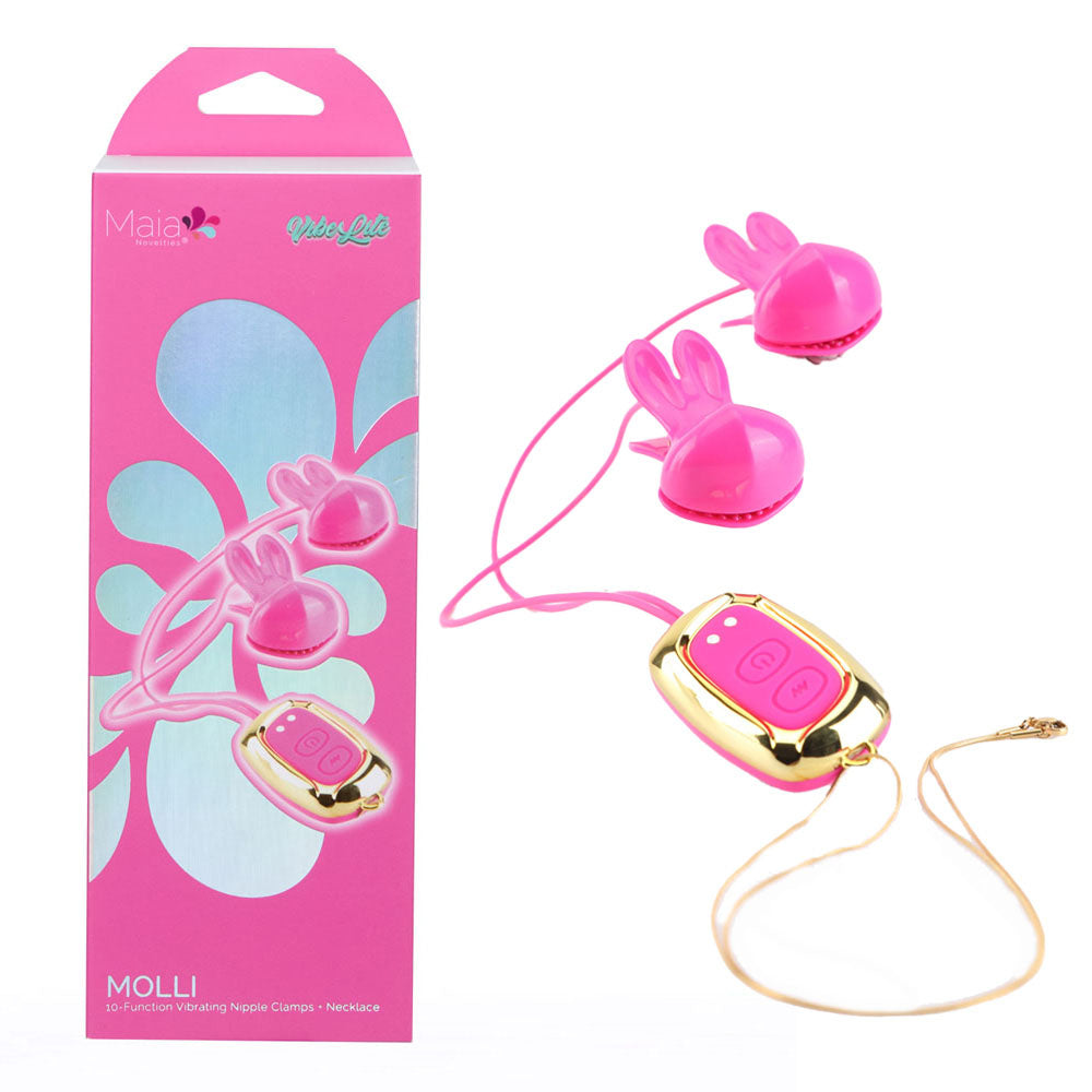 Maia MOLLI - Pink - Pink USB Rechargeable Vibrating Nipple Clamps & Necklace - BO-25-20-PINK