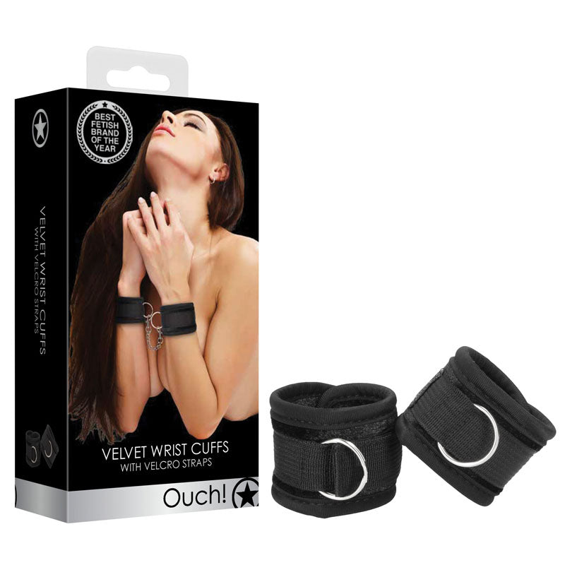 OUCH! Velvet & Velcro Adjustable Handcuffs - Black Restraints - OU516BLK