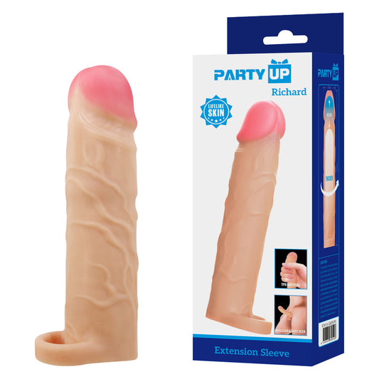Party Up RICHARD 3 Inch Extender Sleeve - Flesh 3 Inch Penis Extender Sleeve with Ball Strap - BI-026258-PU