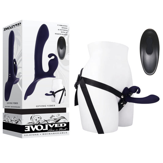 Evolved GIVING VIBES - Black 14.6 cm USB Rechargeable Vibrating Strap-On with Remote - EN-RS-6046-2