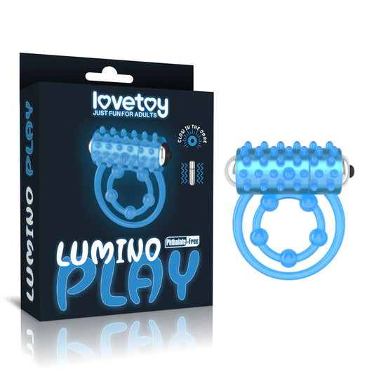 Lumino Play Vibrating Penis & Balls Ring - Glow in the Dark Blue Vibrating Cock Ring - LV343216