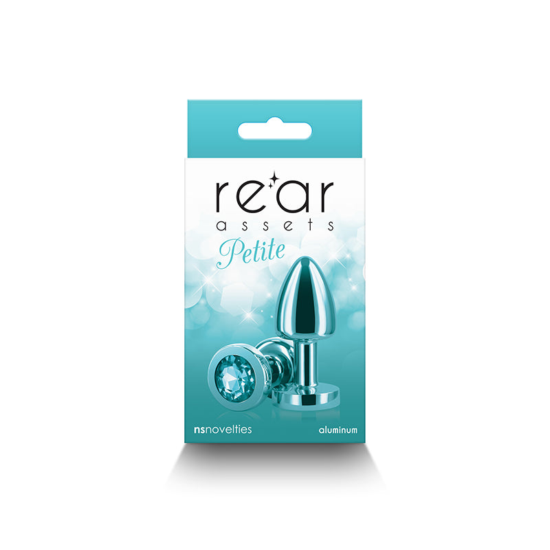 Rear Assets Petite - Teal - Teal 6 cm Metal Butt Plug with Teal Round Gem Base