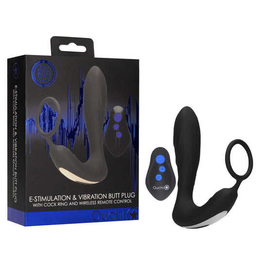 OUCH! E-stim & Vibrating Butt Plug Cock Ring - Black USB Rechargeable Vibrating Butt Plug & Cock Ring with e-Stim - OU580BLK