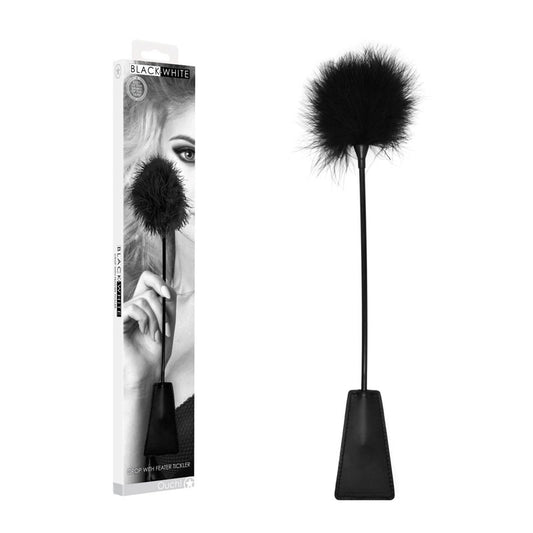 OUCH! Black & White Crop with Feather Tickler - Black 44 cm Feather Crop - OU693BLK