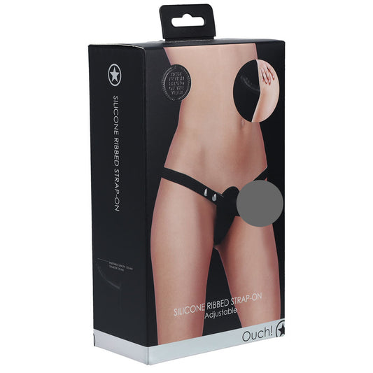 OUCH! Silicone Ribbed Strap-On - Black - Black Strap-On