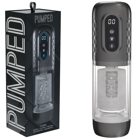 PUMPED Vortex - Gunmetal - Gunmetal Grey/Clear USB Rechargeable Sucking Rotating and Thrusting Auto Masturbator - PMP064GUN