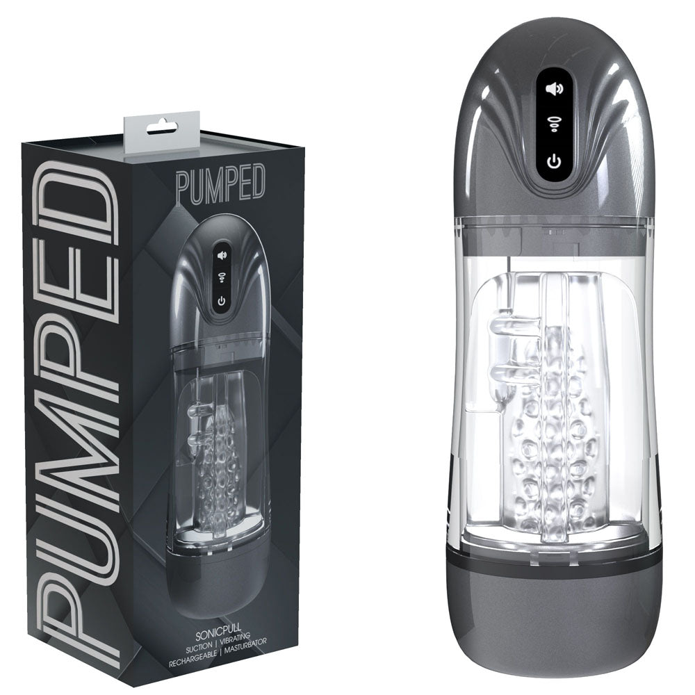 PUMPED SonicPull - Gunmetal - Gunmetal Grey/Clear USB Rechargeable Sucking And Vibrating Auto Masturbator - PMP066GUN