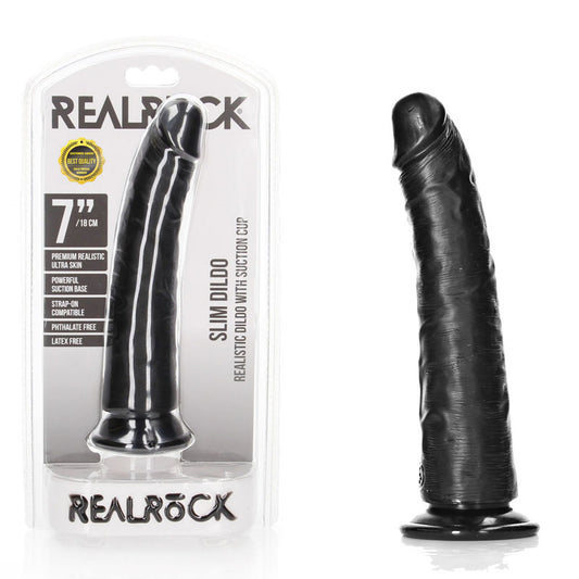 REALROCK Realistic Slim Dildo with Suction Cup - 18cm - Black 18 cm (7'') Dong - REA114BLK