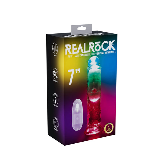 REALROCK 7'' No Balls Wireless Rechargeable LED Vibrating Dong - Clear with LED 20 cm USB Rechargeable Vibrating Dong with Remote - REA204TRA