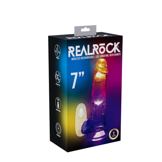 REALROCK 7'' with Balls Wireless Rechargeable LED Vibrating Dong - Clear with LED 19.5 cm USB Rechargeable Vibrating Dong with Remote - REA205TRA